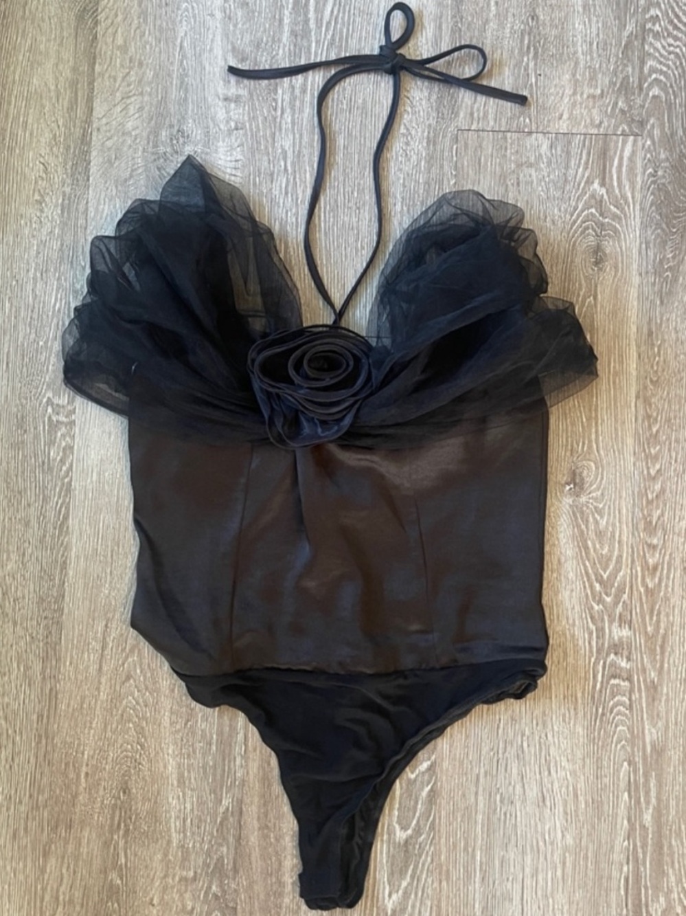 Lulu's size M rosette Black tulle Off-Shoulder Rose Detail Bodysuit - Picture 6 of 12